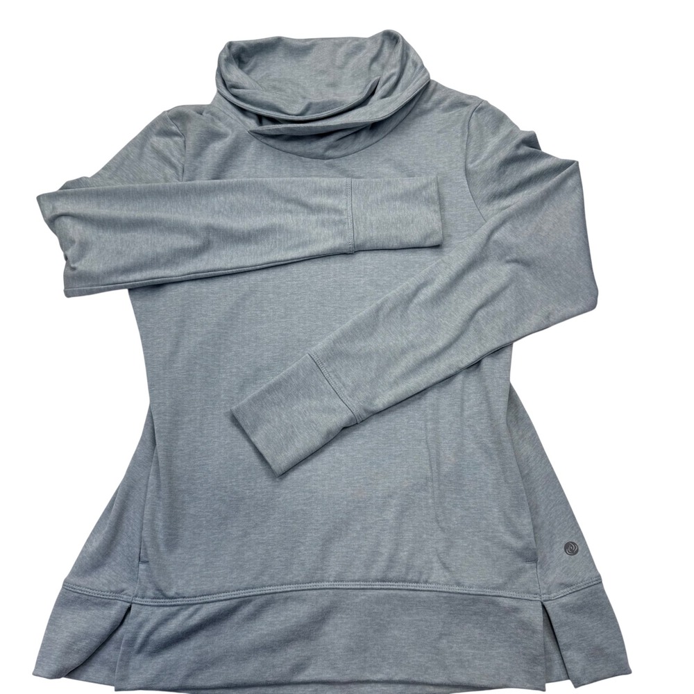 Apana Womens Cowl Neck Activewear Pullover Thumbhole Heathered Blue Gray Small